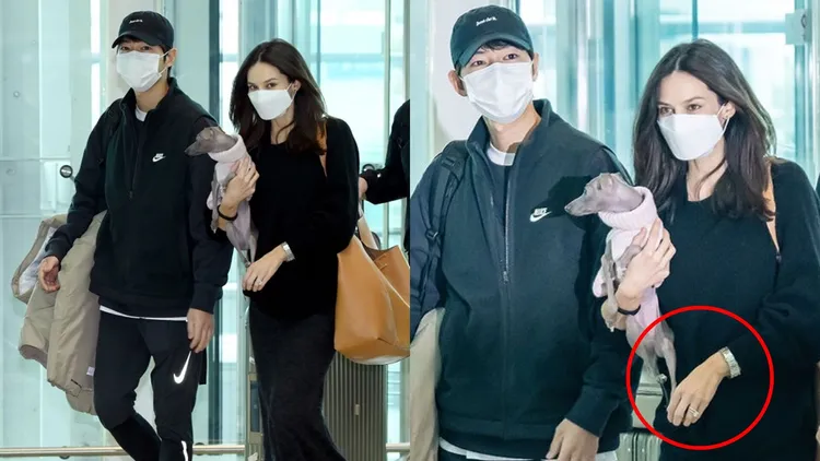 宋仲基2月前往匈牙利拍攝《路基完》，新婚妻凱蒂抱著小狗愛相隨，左手無名指亮出超大婚戒。翻攝xportsnews、OSEN