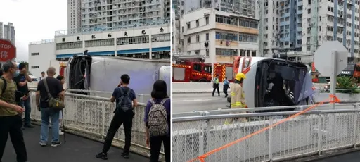 迎面飛過來！香港遊覽車撞分隔島後翻車