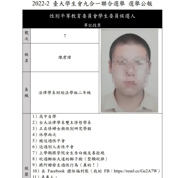 一名參選性平委員的法律系陳姓學生自爆「跟阿嬤有過性行為」。翻攝選舉公報