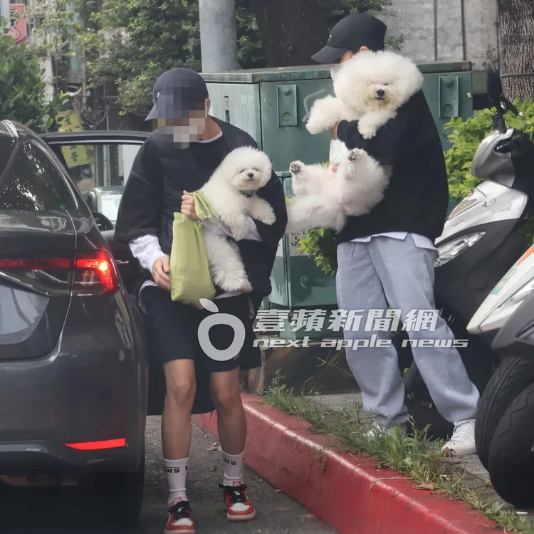 Jolin蔡依林16歲愛犬屋虎（右），及瞇著眼的社長一同下車，模樣超可愛。特勤中心攝