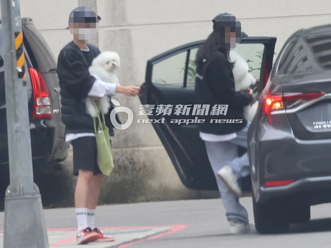 2名年轻女子，抱著蔡依林16岁爱犬屋虎（右），及「超萌」社长步出Jolin家上计程车。特勤中心摄