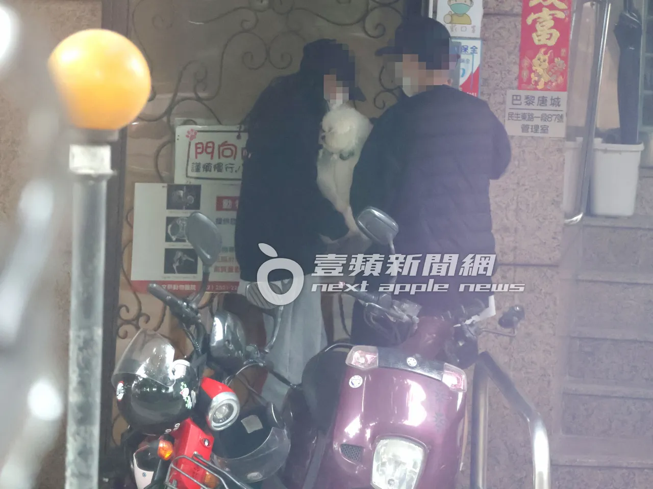 女子抱著蔡依林16岁爱犬屋虎（左）紧急送医，「超萌」的社长在旁陪同就医。特勤中心摄