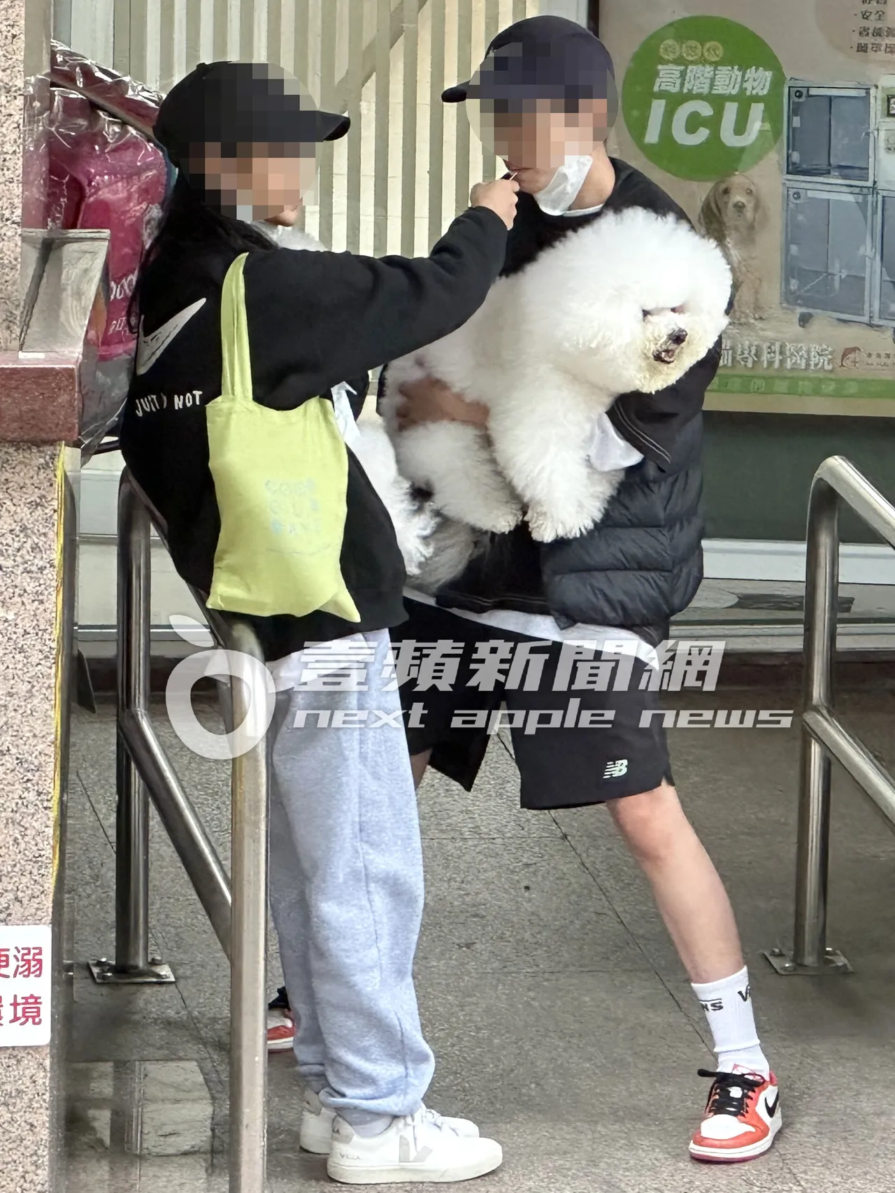 女孩们抱著Jolin的爱犬屋虎（右）和社长，站在动物医院门口，妳一口我一口交换口水抽电子烟。特勤中心摄