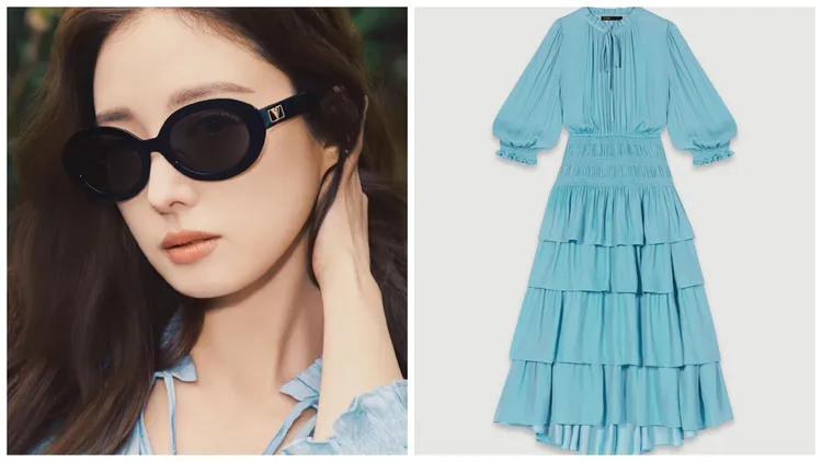 李世榮身穿Maje 2023春夏系列緞面蛋糕長洋裝，2590元。翻攝seyoung_10 IG