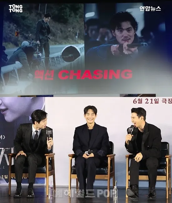 金宣虎自認高架橋上吊鋼絲（上圖左）雙腳發抖，金剛于（下圖右）開玩笑說放大照片會發現閃尿。翻攝YouTube、heraldpop