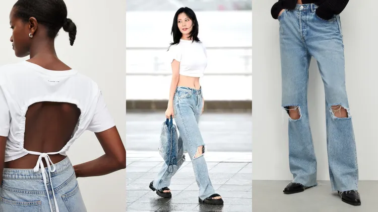 徐玄（中，翻攝OSEN官網）的ALLSAINTS機場造型輕鬆中不失性感；Ada抽繩短袖T恤（左，翻攝ALLSAINTS官網）2000元、Wendel破壞高腰牛仔褲（右，翻攝ALLSAINTS官網）5600元。
