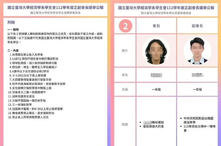 台大經濟系學生會正副會長選舉，2號陳姓與謝姓候選人的政見也充滿歧視。翻攝選舉公報