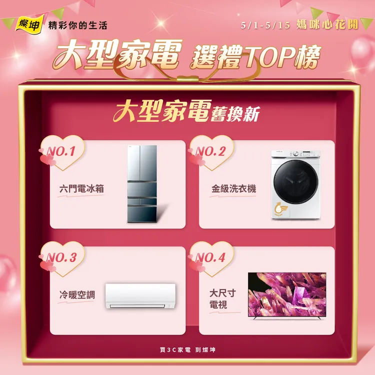 媽媽最愛TOP 4大型家電舊換新：六門電冰箱、金級洗衣機、冷暖空調、大尺寸電視。業者提供