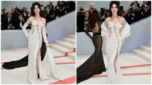 Met Gala|安海瑟薇胸前開出山茶花 別針hold住全身開衩好性感