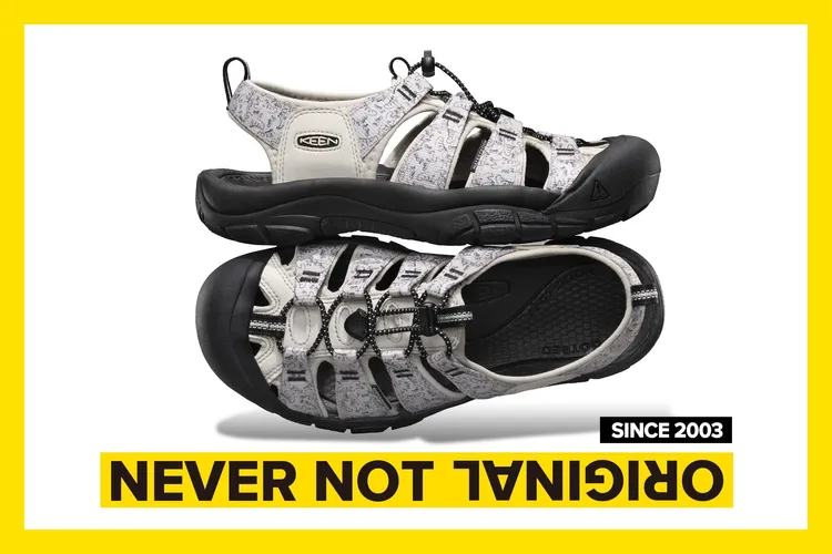 Newport 20周年紀念款在鞋面織帶上印了Q版Newport鞋樣插畫，成人款以純白色為底印上黑色線稿塗鴉，3980元。品牌提供