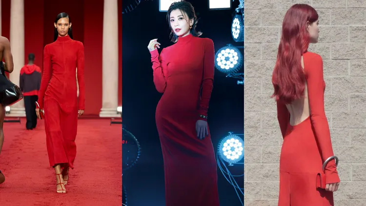 賈靜雯（中，翻攝FERRAGAMO微博）在《浪姐4》主題曲MV中看似保守的義大利精品FERRAGAMO春夏麂皮裙（左、右，品牌提供），轉身還有挖空露背的小心機。