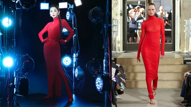 Ella（左，翻攝ZACK張悅微博）在《浪姐4》形象照中所穿的超辣薄紗裙，出自巴黎時裝屋Alaïa（右，翻攝品牌官網）。