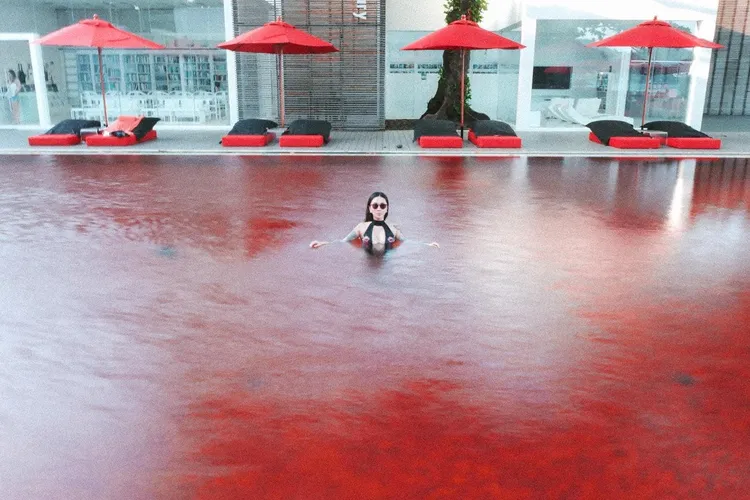 梁云菲很滿意泳池的顏色。翻攝自梁云菲IG