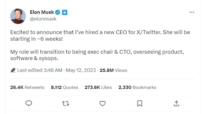 馬斯克11日在推特發文宣布為推特找到新的執行長人選。翻攝推特/elonmusk