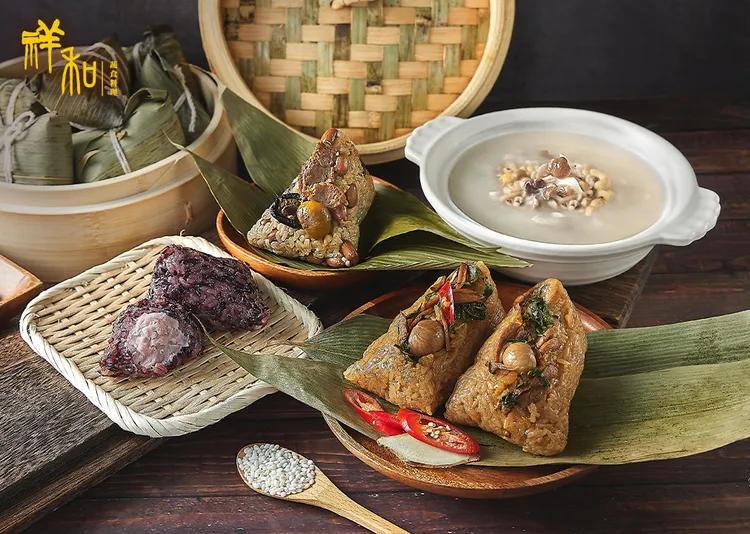 祥和蔬食今年端出甜、鹹多種口味素粽。業者提供