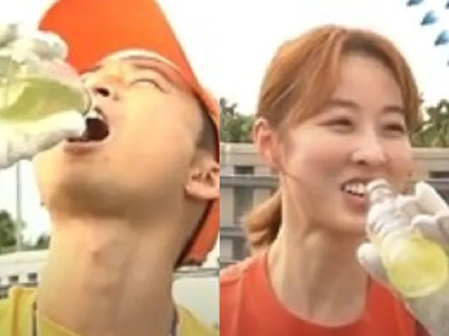 浩子（左）和夏語心喝魚塭水。民視提供