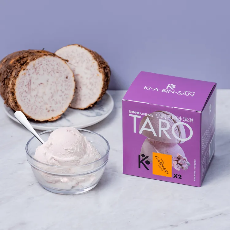 華人創意教父包益名設計包裝的KI-A-BIN-SAN小農芋頭冰淇淋全聯首賣。業者提供