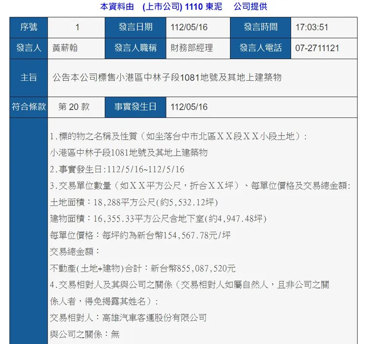 東南水泥重大訊息公告。翻攝公開資訊觀測站