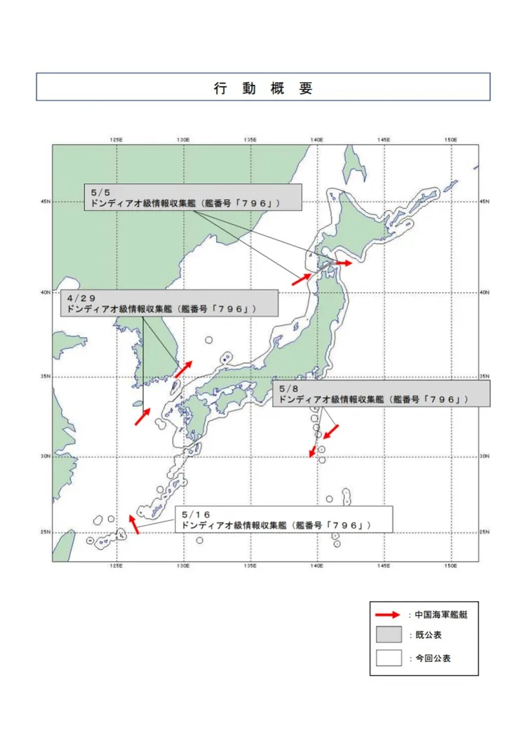 日本自衛隊紀錄中國海軍電子偵察艦「開陽星」以半個月時間繞行日本一圈。翻攝日本自衛隊司令部
