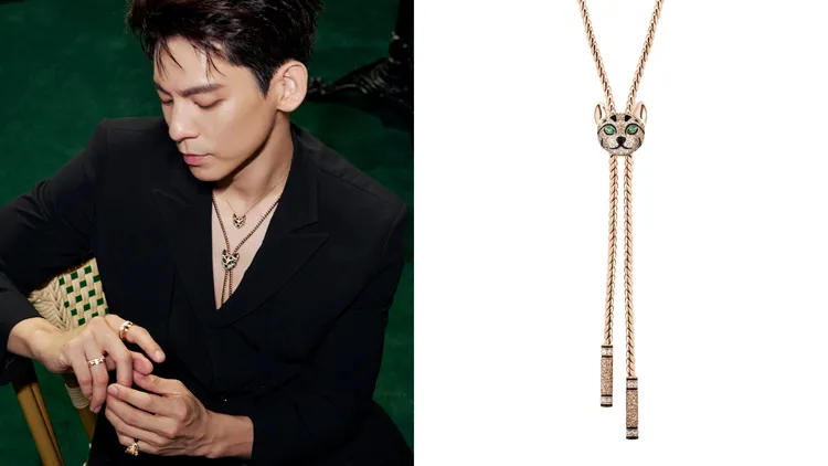 同為「貓奴」的林柏宏，先前赴中國出席品牌活動時，以「中空」西裝造型，凸顯出胸前Fuzzy豹貓項鍊的俏皮面孔；Animaux系列Fuzzy豹貓長項鍊，282萬元。品牌提供、翻攝BOUCHERON微博