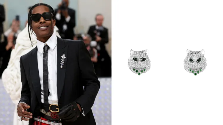 A$AP Rocky於「 2023 MET Gala」紅毯上，佩戴Animaux系列貓咪耳環，向傳奇設計師卡爾拉格斐生前愛貓Choupette致敬；Animaux系列Wladimir貓咪耳環，81萬5000元。品牌提供