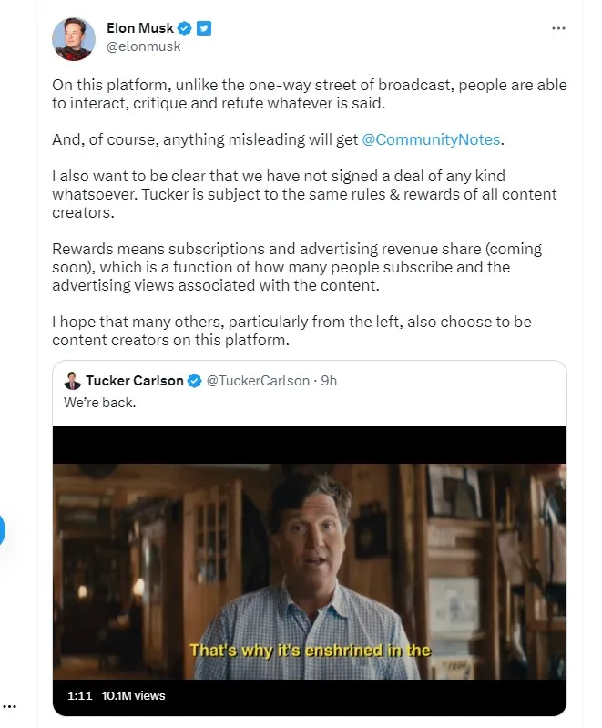 推特老闆馬斯克推文表示，卡爾森的「獎勵」機制將與所有內容創作者一樣。網友回應預期，卡爾森帶來的天價流量，將帶來豐碩的收益。翻攝推特/Elon Musk