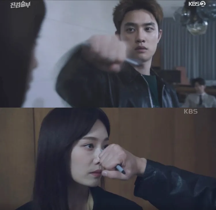 D.O.（上圖）拿原子筆測試金赫拉，她眼睛眨都沒眨。翻攝KBS