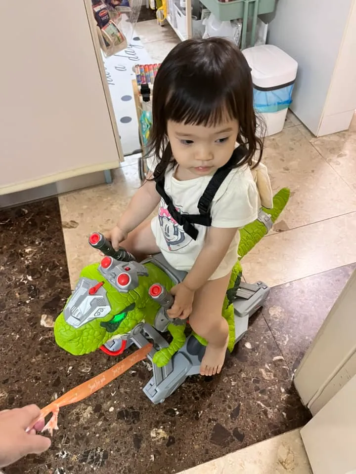 網友紛紛貼出開箱文，表是年紀太小的孩子還不懂滑行，家長可以用繩子幫忙拉恐龍。翻攝自「Costco好市多 商品經驗老實說」臉書