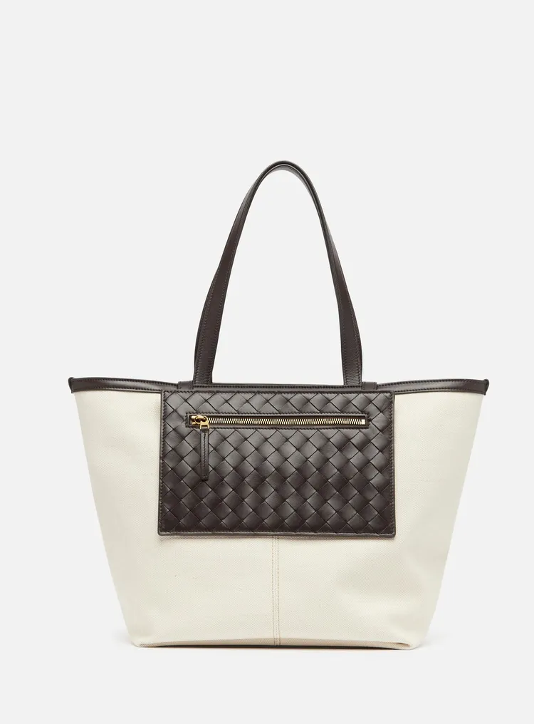 Flip Flap系列皮革編織帆布手提包，7萬7000元。品牌提供