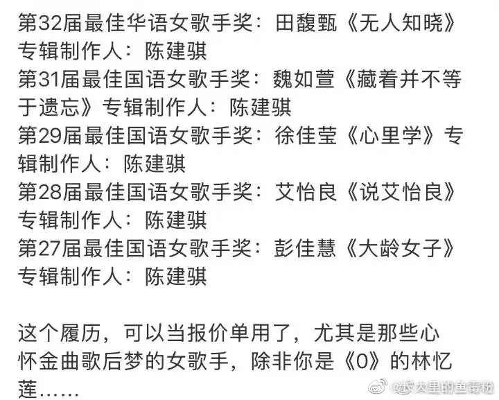 微博有人整理出陳建騏操刀專輯的五位歌手都拿到金曲歌后的獎座。翻攝長大裡的魚黴粉微博