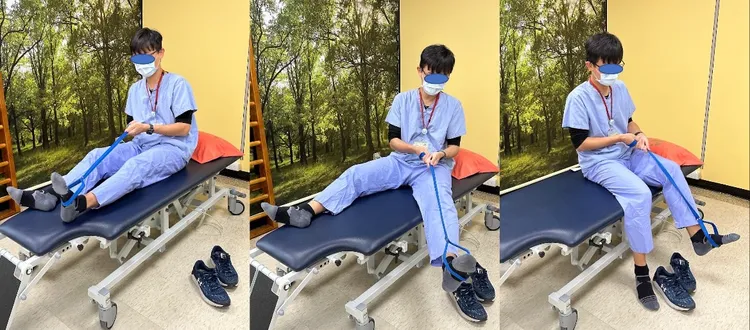 使用抬腿輔具獨立上下床。職能治療學會提供