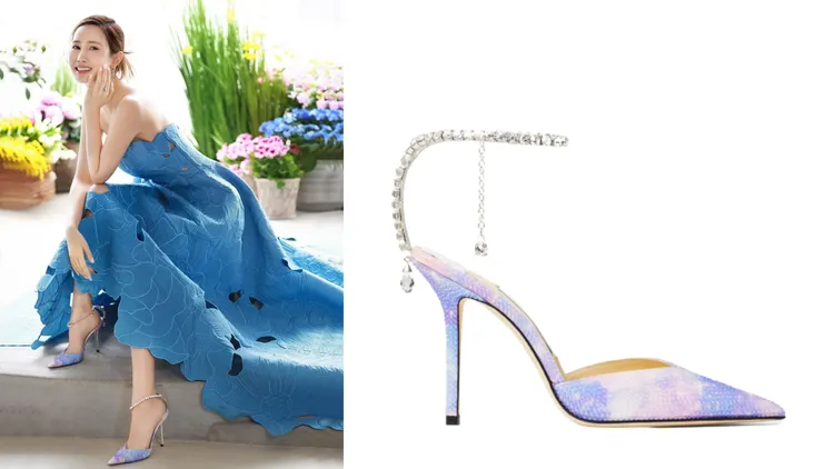 李多海（左，翻攝leedahey4eva IG）為禮服搭配的Saeda系列鞋款，打破了鞋履與飾品的設計界線；JIMMY CHOO Saeda水鑽飾高跟鞋（右，品牌提供），7萬5800元。