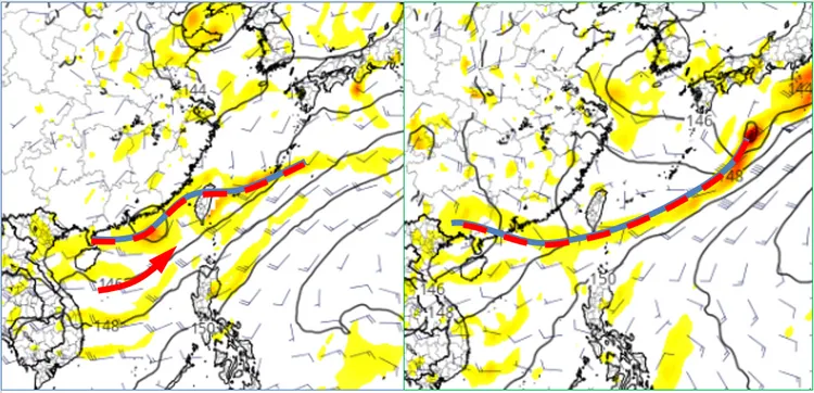 最新(9日20時)歐洲(ECMWF)模式，模擬850百帕風場及渦度圖顯示，下週二(13日20時)「滯留鋒」在台灣北部，配合西南氣流(左圖)。下週四(15日20時)「滯留鋒」在巴士海峽(右圖)。(圖擷自tropical tidbits)翻攝自氣象應用推廣基金會