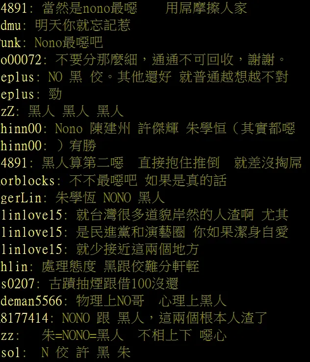NONO與黑人陳建州，是眾網友認為最噁心的兩人。翻攝自論壇PTT