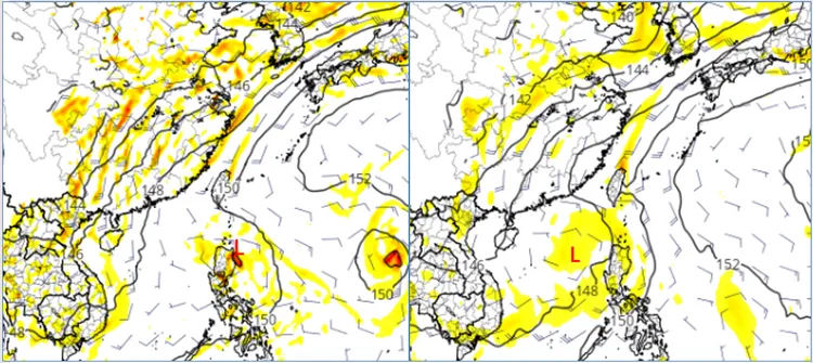 最新(23日20時)歐(ECMWF)、美(GFS)模式模擬顯示，下週菲律賓東方海面有熱帶擾動活動，29日20日美國模式在呂宋島東北端(左圖)，歐洲模式穿過呂宋島進入南海(右圖)。翻攝自氣象應用推廣基金會