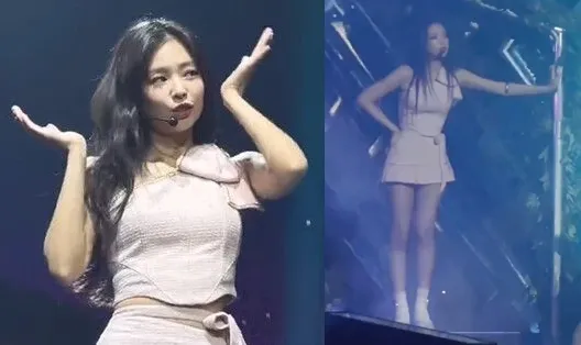 Jennie開場後，一手攙扶著腰，一手支撐在道具鋼管上，看起來就快暈倒。翻攝推特