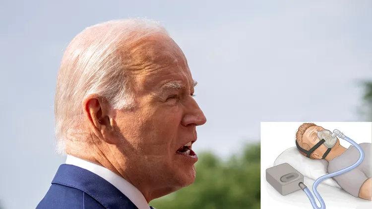 美國總統拜登臉頰出現明顯壓痕，原來是他使用呼吸器（小圖，翻攝wiki），以治療睡眠呼吸中止症。美聯社