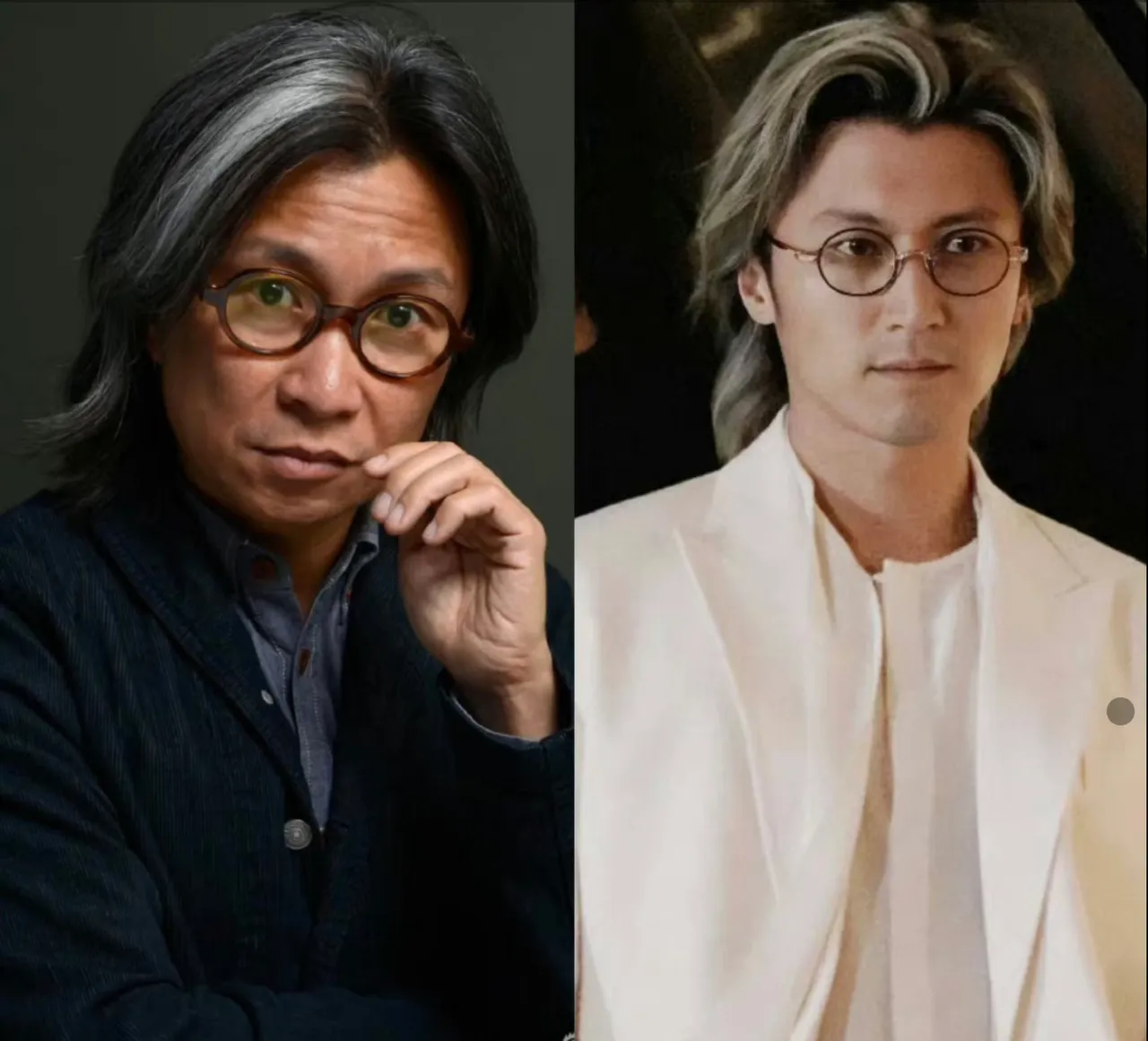 謝霆鋒(右圖)這個身著白西裝的灰髮造型,被網友稱很像精修過後的導演陳可辛(左圖)。翻攝俠盜影娛微博