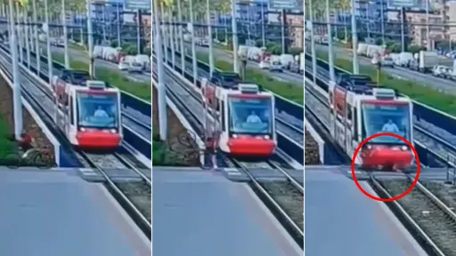 驚悚影片|急煞放棄跟電車比快 鐵馬客摔飛「立即被輾死」