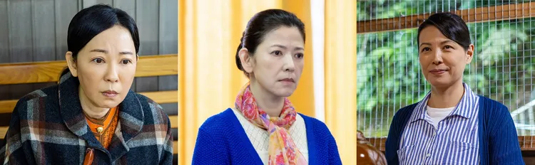 況明潔（左起）、陳明真、陳孝萱褪去「女神級」風華，扮演莊嚴的訪視師姊。大愛提供