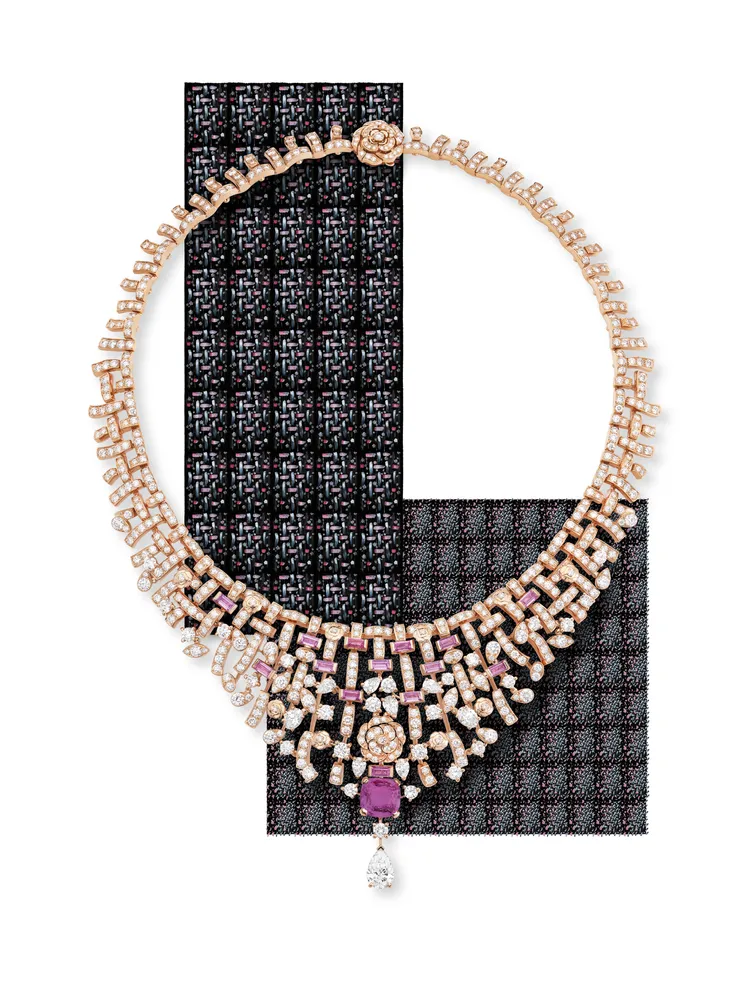 Tweed Pétale項鍊，鑲嵌1顆重5.67克拉枕形切割粉紅剛玉，約2951萬1000元。品牌提供