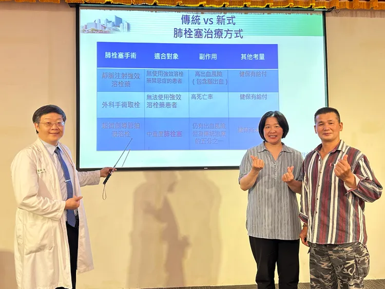 徐中和主任(左)表示，微創導管進行抽吸血栓，血栓清除率8到9成以上，可縮短住院天數。院方提供