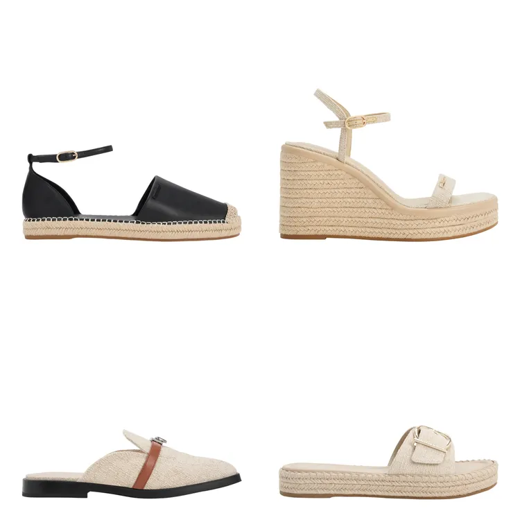繞踝平底草編鞋（左上）1890元、拉釦亞麻穆勒鞋（左下）1790元、草編楔形涼鞋（右上）1990元、半圓釦草編厚底拖鞋（右下）1790元。品牌提供