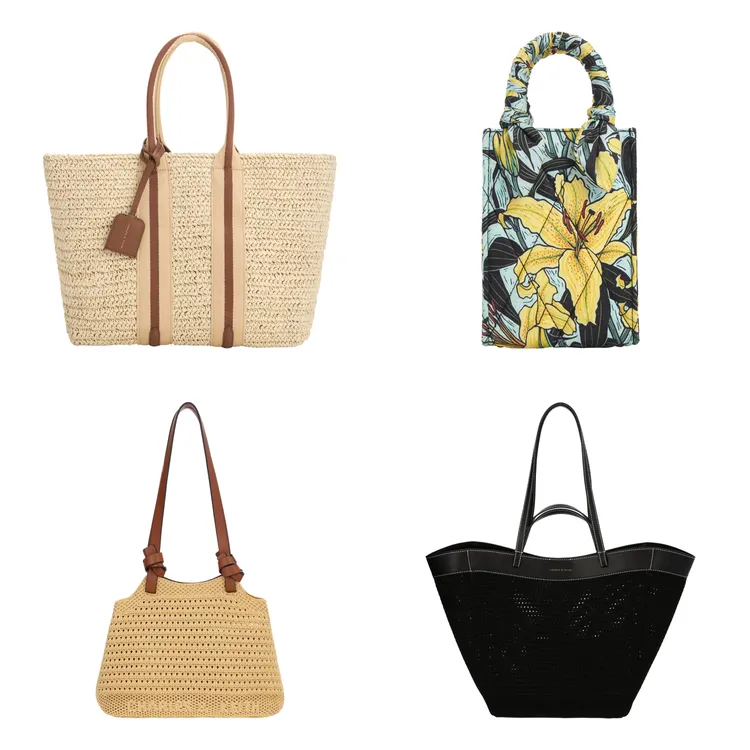 度假風草編托特包（左上）4900元、Ida編織托特包（左下）2390元、Dolcevita戀夏手提包（右上）、Ida扇形編織托特包（右下）3490元。品牌提供
