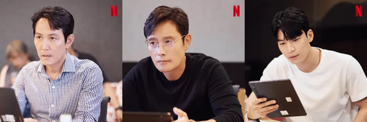 李政宰（左圖起）、李秉憲、魏嘏雋參加第2季讀本會議。Netflix提供