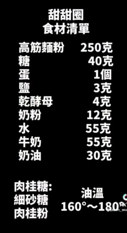 甜甜圈材料清單。TikTok@jason_wu6666 