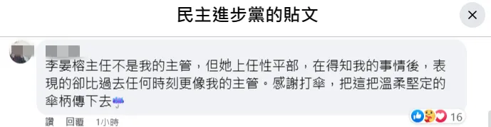 被害女子留言。翻攝自民進黨臉書