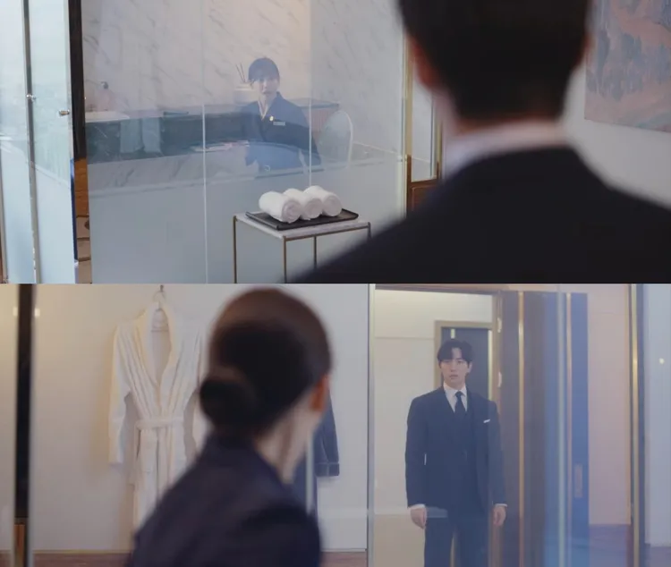 潤娥（上圖）在VVIP房間廁所大號，被李俊昊看光光。翻攝Netflix