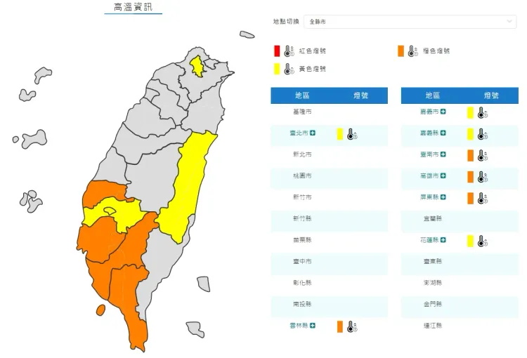 氣象局今發布8縣市高溫資訊。翻攝氣象局官網
