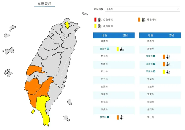 中南部高溫亮燈。翻攝氣象局